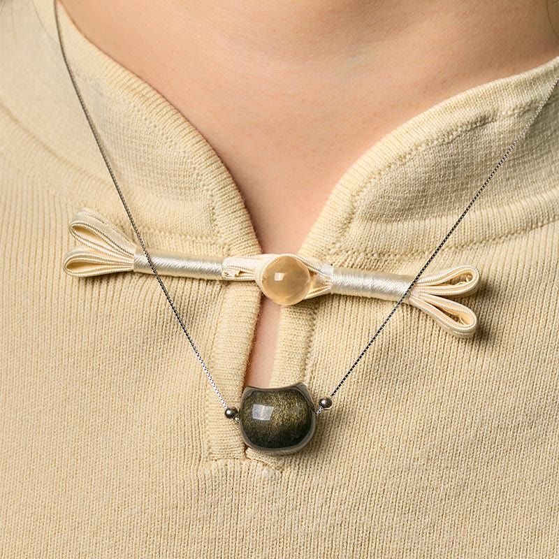 Buddha Stones 925 Sterling Silver Natural Silver Sheen Obsidian Gold Sheen Obsidian Cat Necklace