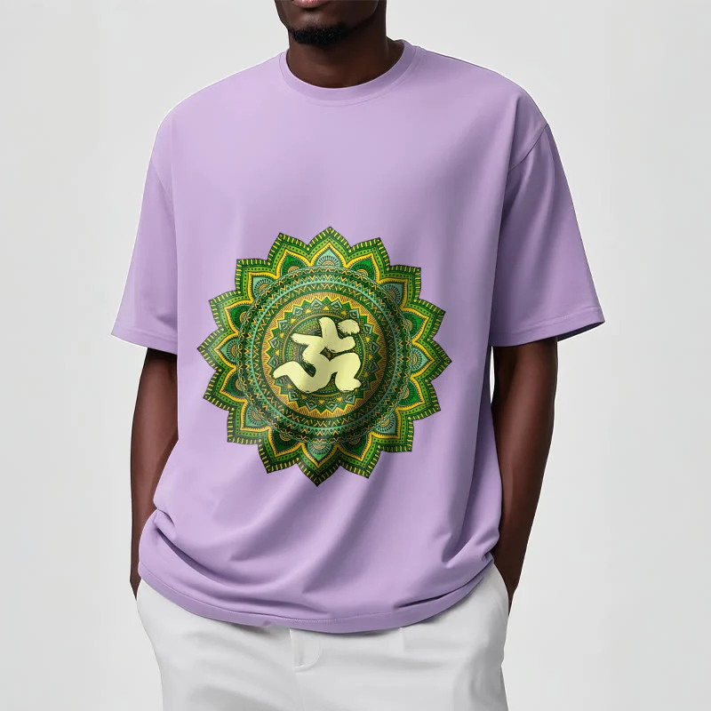 Buddha Stones Casual Green Mandala Om Symbol Pattern Cotton Tee T-shirt