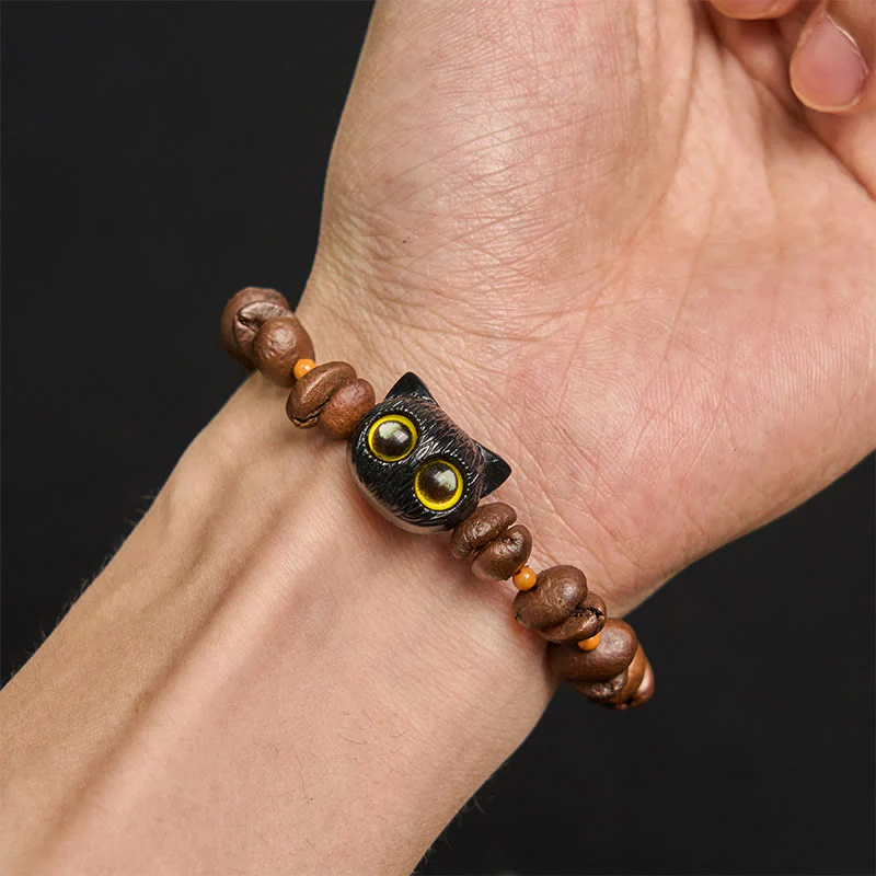 Buddha Stones Handmade Natural Coffee Beans Cat Head Bodhi Seed Claw Paw Peace Bracelet