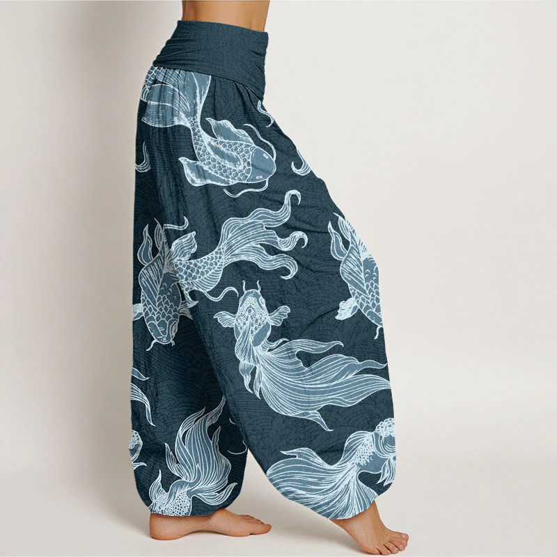 Buddha Stones Koi Fish Waves Pattern Design Women's Elastic Waist Harem Pants