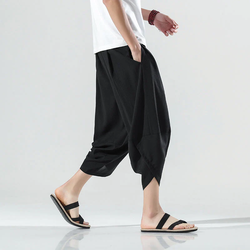 Buddha Stones Plain Simple Design Drawstring 7-8 Length Linen Men's Harem Pants With Pockets
