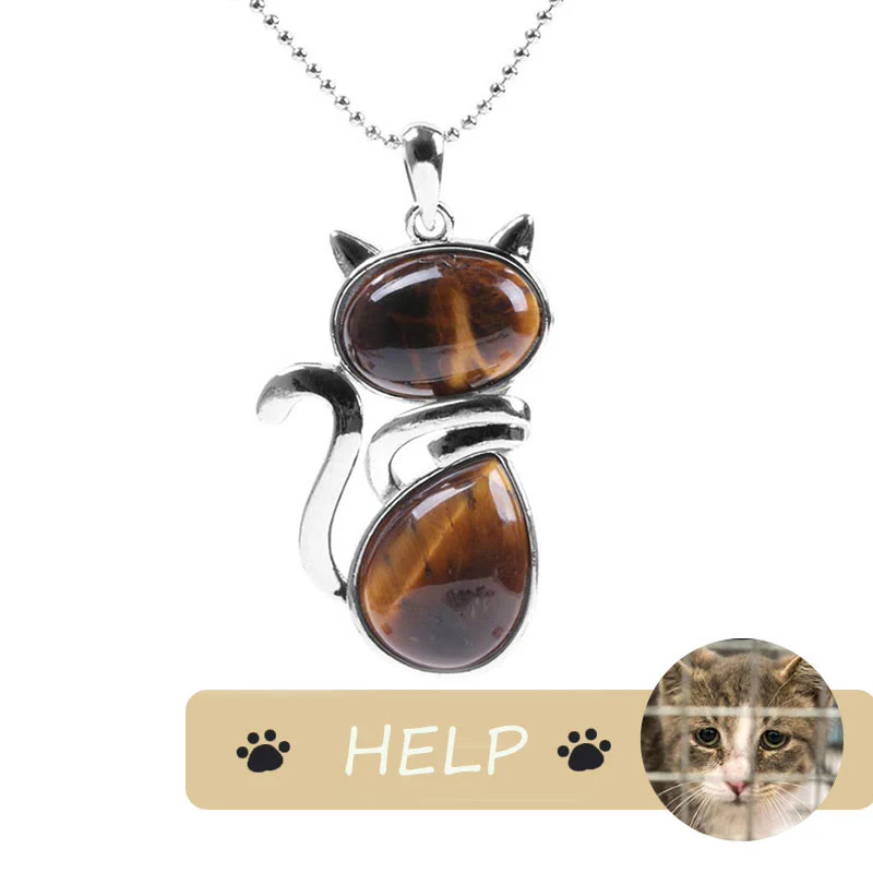 Save A Cat Cute Cat Pattern Natural Crystal Protection Cat-Loving Pendant Necklace