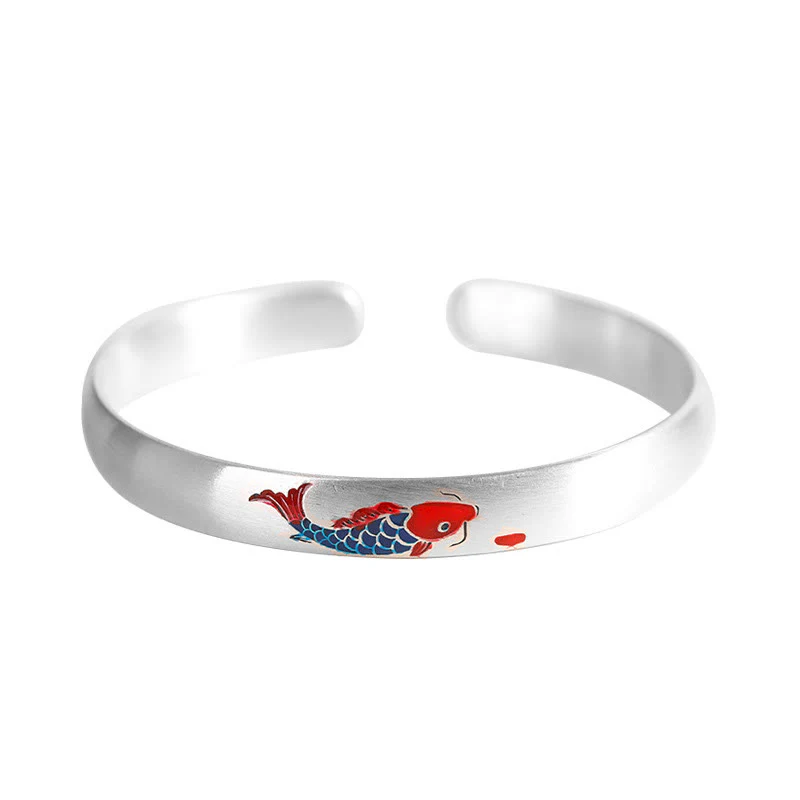 Buddha Stones 999 Sterling Silver Koi Fish Luck Cuff Bracelet Bangle
