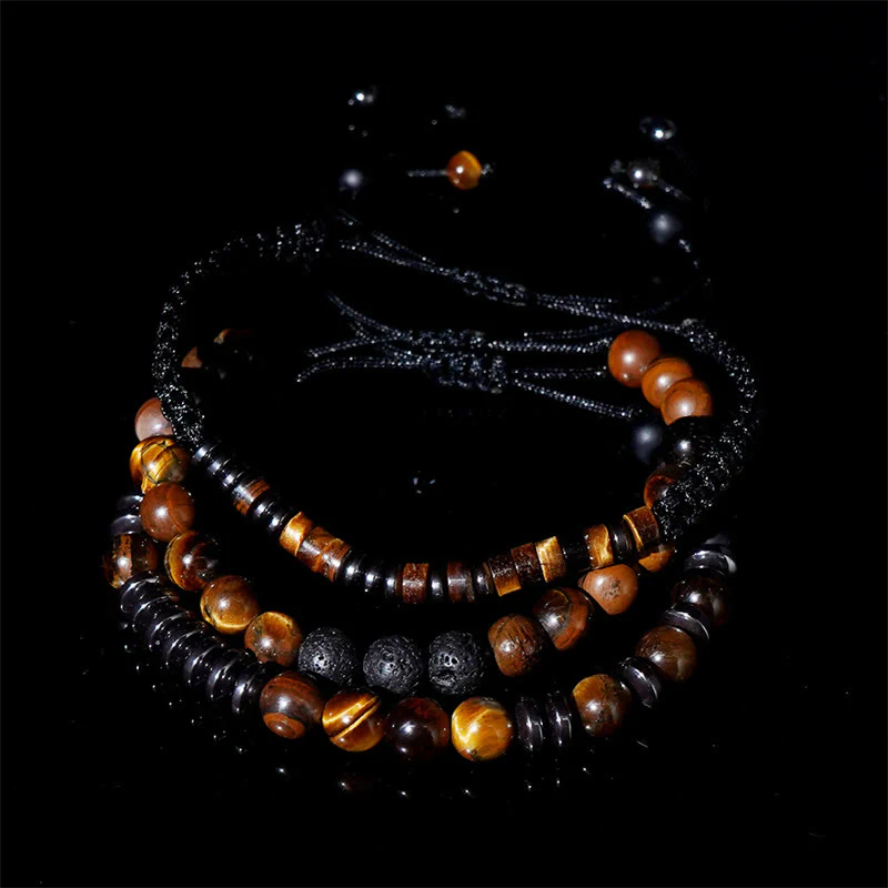 Buddha Stones 3Pcs Tiger Eye Lava Rock Protection Bracelet Set