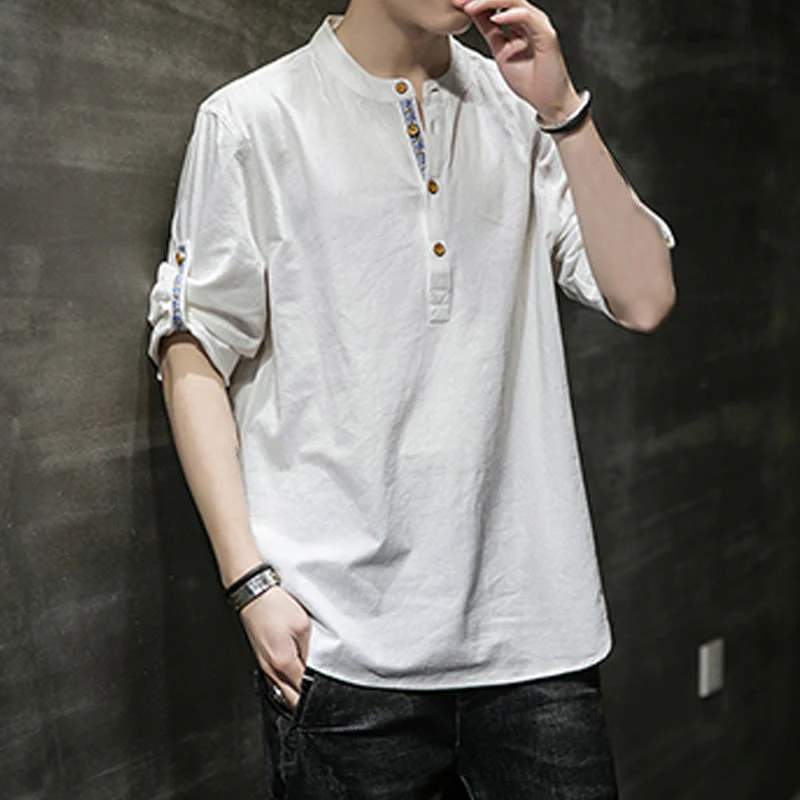 Buddha Stones Summer Solid Men's Half Buttons Half Sleeve Linen Shirt