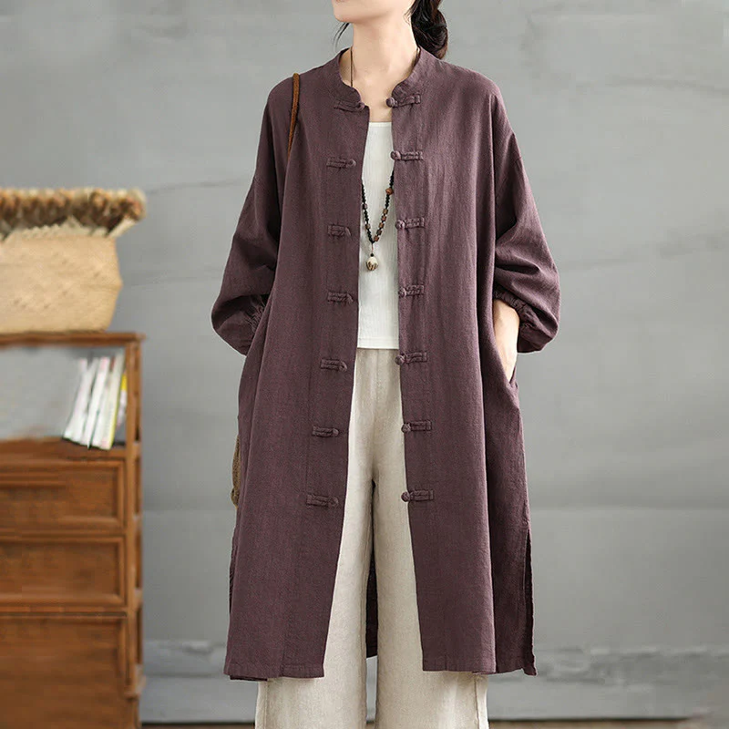 Buddha Stones Casual Frog-button Women's Cotton Linen Coat With Pockets