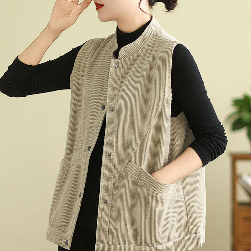 Buddha Stones Plain Sleeveless Women's Cotton Vest Corduroy Waistcoat With Pockets