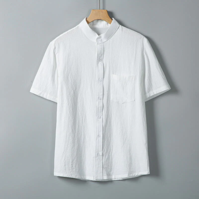 Buddha Stones Daily Printing Solid Color Single Breasted Men's Short Sleeve Cotton Linen Shirt WIth Pockets