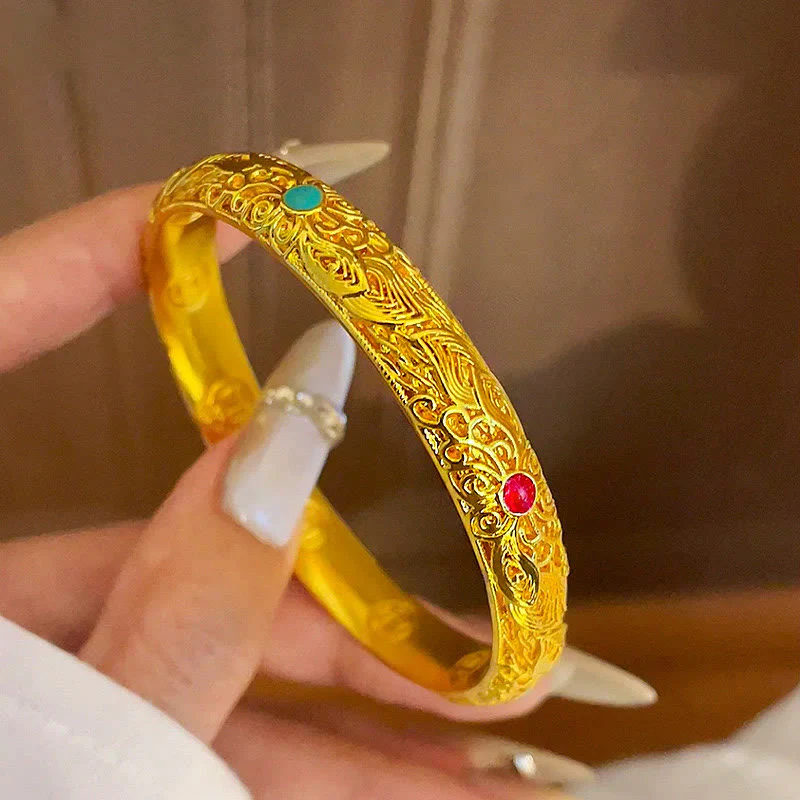 Buddha Stones Copper Plated Gold Flowers Leaves Luck Bracelet Bangle