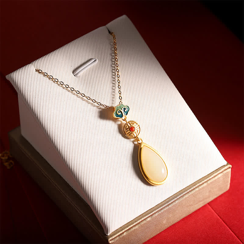 Buddha Stones 925 Sterling Silver Hetian White Jade Water Drop Chain Necklace Pendant Bracelet