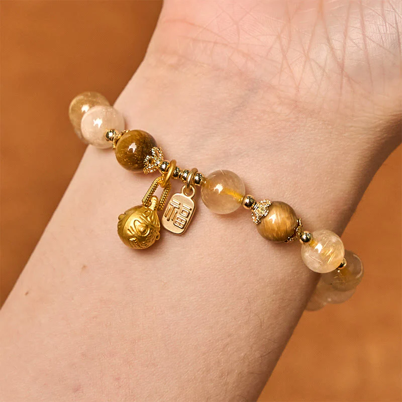 Buddha Stones Natural Rutilated Quartz Fu Character Metal Swallowing Beast Auspiciousness Bracelet
