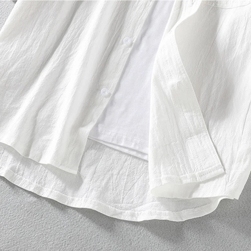 Buddha Stones Summer Solid Men's Buttons Half Sleeve Cotton Linen Shirt