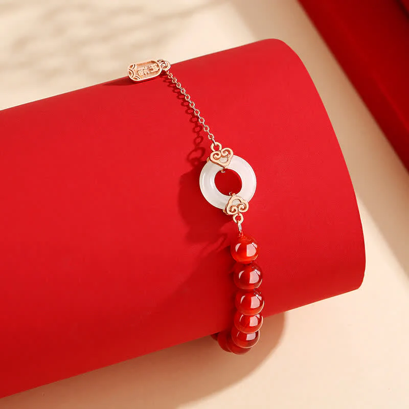 Buddha Stones 925 Sterling Silver Natural Red Agate White Jade Peace Buckle Confidence Bracelet