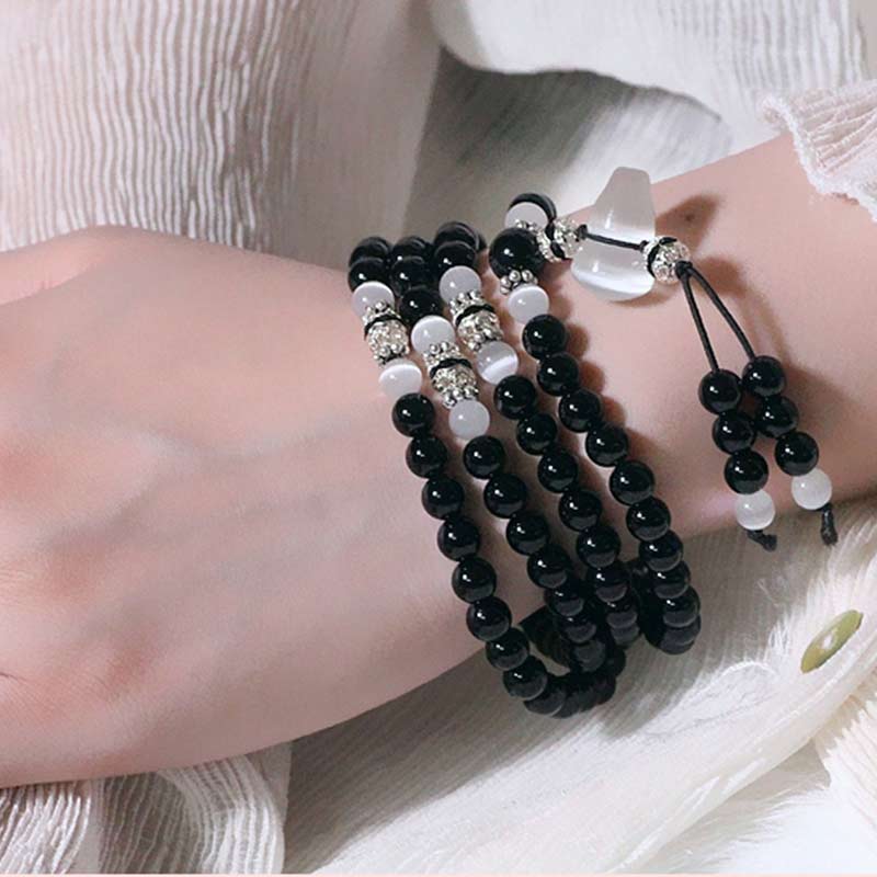 Buddha Stones Black Onyx White Crystal Bead Meditation Bracelet