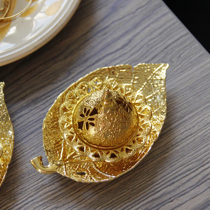 Buddha Stones Tibetan Gold Mini Leaf Coaster Meditation Incense Burner