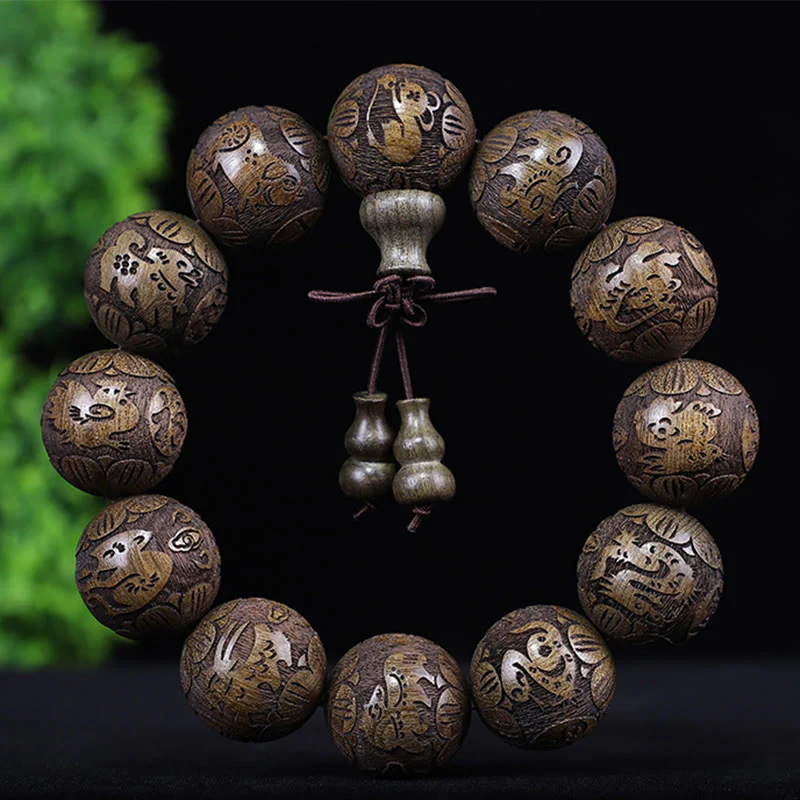 Buddha Stones Chinese Zodiac Rosewood Ebony Copper Coin PiXiu Carved Warmth Bracelet