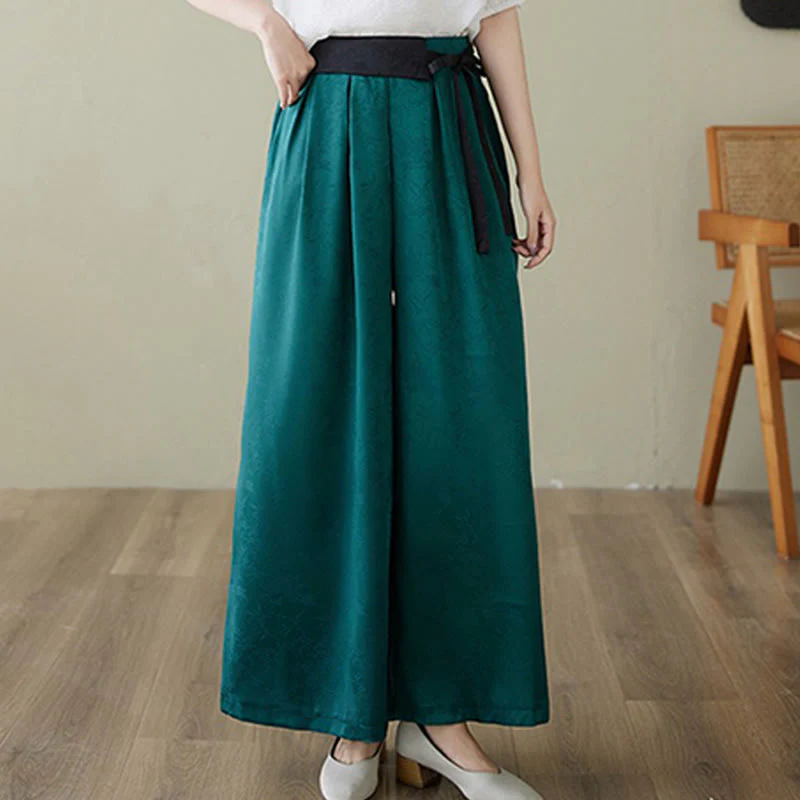 Buddha Stones Casual Jacquard Lace-up Cotton Women's Wide Leg Pants With Pockets