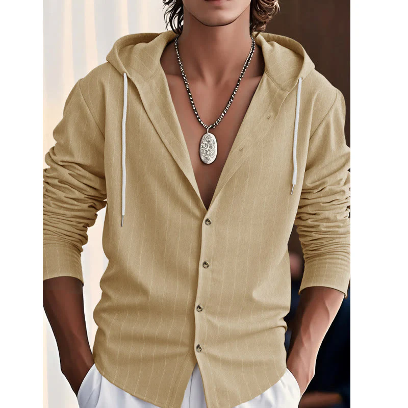 Buddha Stones Solid Long Sleeve Hooded Stripes Drawstring Buttons Linen Men's Shirt