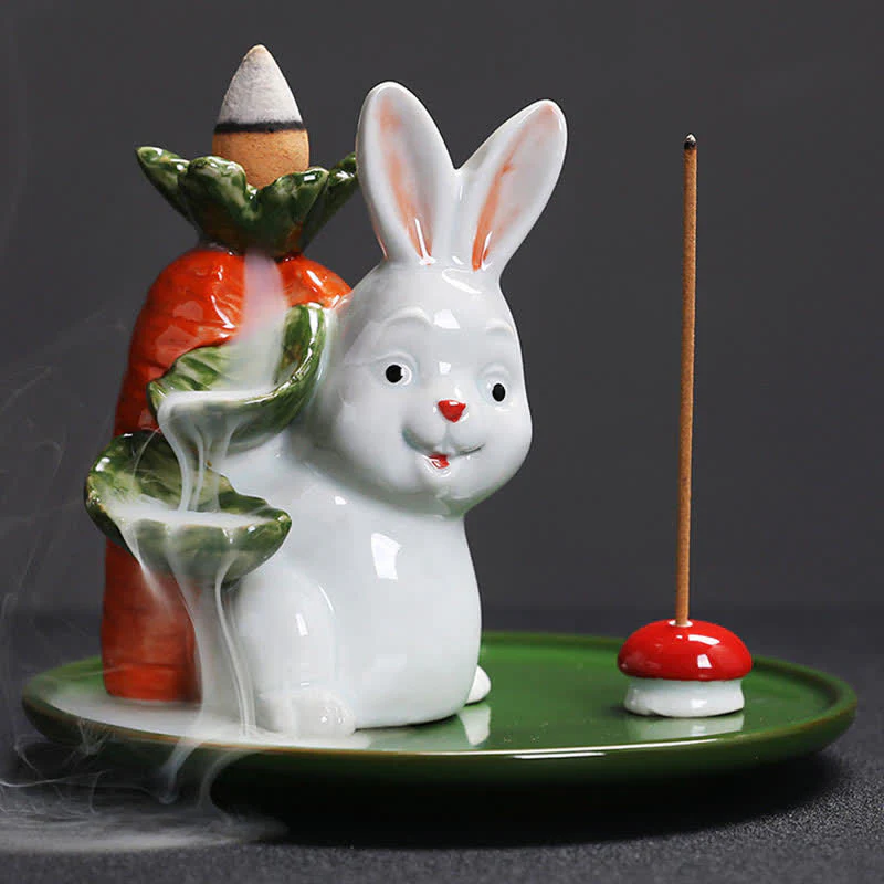 Year of the Rabbit Carrot Mushrooms Rabbit Ceramic Bunny Blessing Incense Burner (Extra 30% Off | USE CODE: FS30)