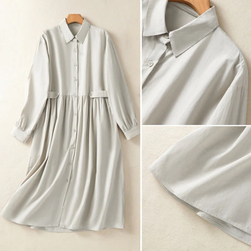 Buddha Stones Casual Plaid Pleats Buttons Design Long Sleeve Cotton Midi Dress With Pockets