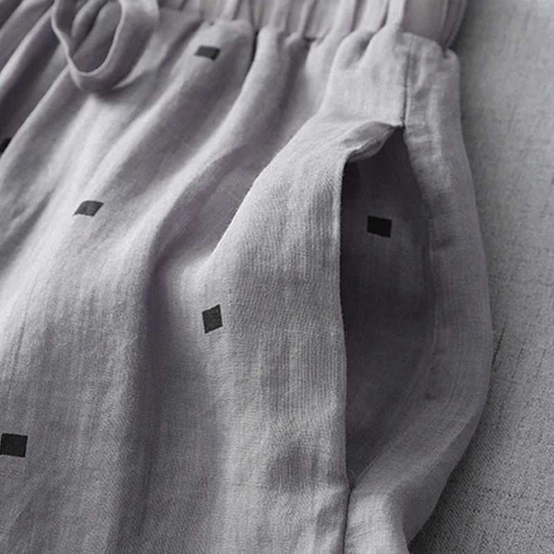 Buddha Stones Summer Casual Polka Dot Pattern Design Cotton Linen Women's Wide Leg Pants With Pockets