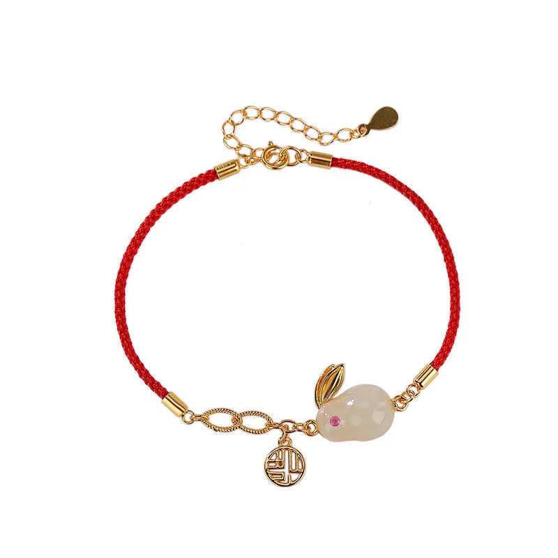 Buddha Stones 925 Sterling Silver Year of the Rabbit Hetian White Jade Luck Blessing Red String Bracelet