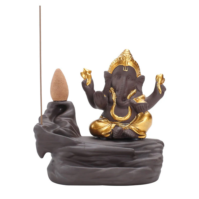 Buddha Stones Ganesh Elephant Purple Clay Backflow Smoke Fountain Protection Stick Incense Burner