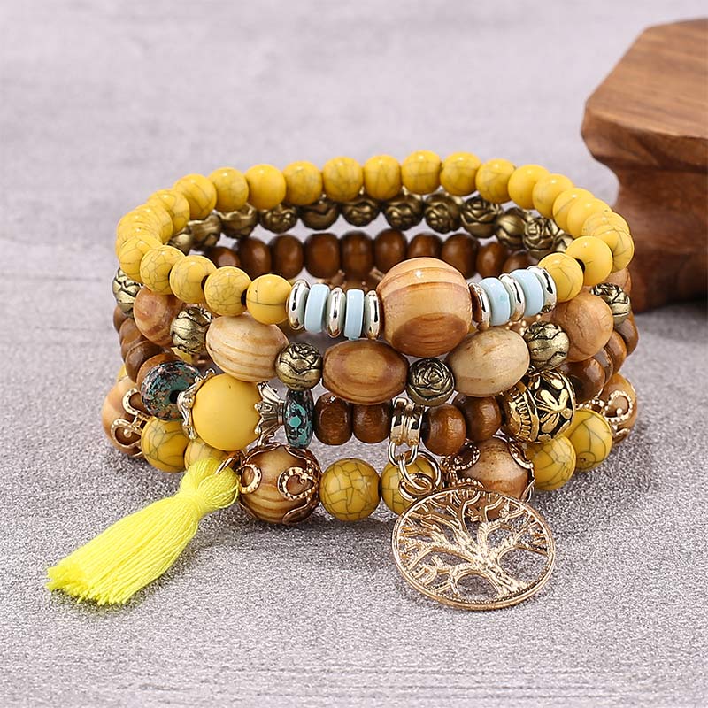 Buddha Stones Wenge Wood Layered Tree Tassel Healing Bracelet