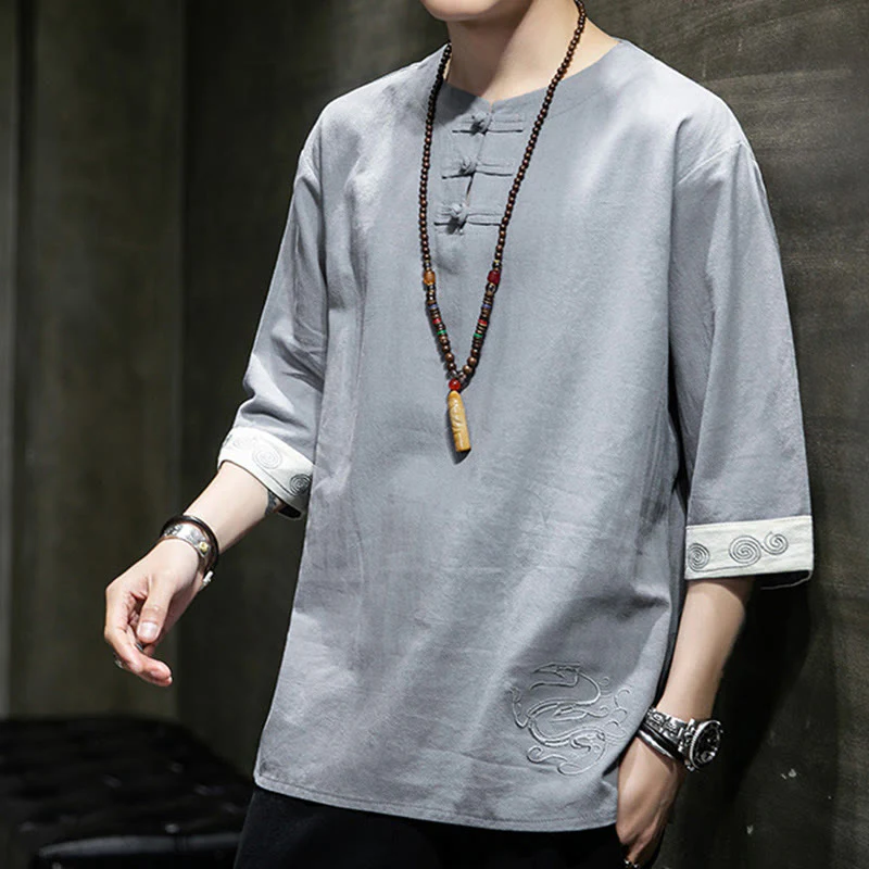 Buddha Stones Summer Embroidery Plain Frog-Button Men's Crew Neck Half Sleeve Cotton Linen Shirt Clothing