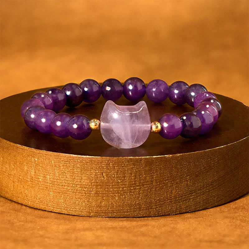 Buddha Stones Amethyst Green Aventurine Rose Quartz Fluorite Cat Head Balance Luck Bracelet