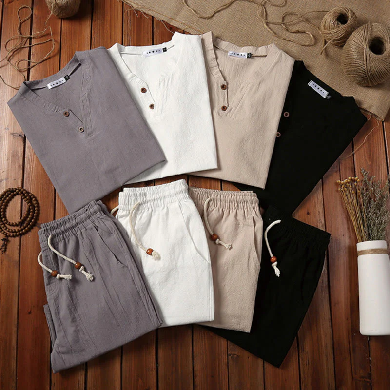 Buddha Stones Summer Casual 2Pcs Plain Notched Collar T-Shirt Drawstring Shorts With Pockets Cotton Linen Men's Meditation Cloth Set