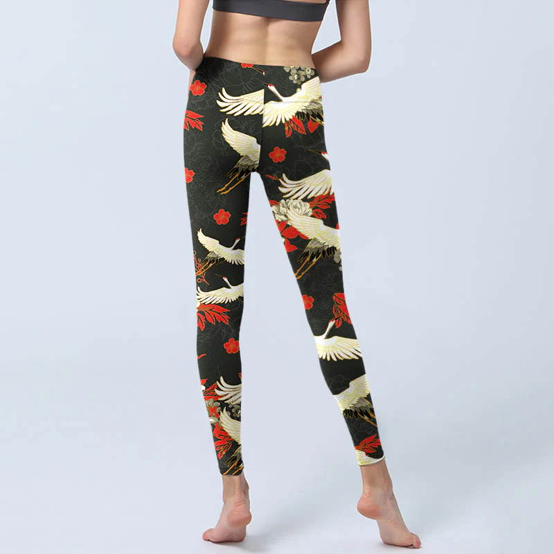 Buddha Stones Red-crowned Cranes Peony Flowers Pattern Print Gym Leggings Women's Yoga Pants