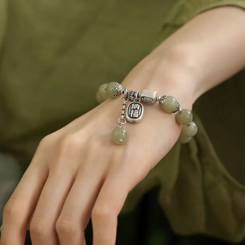 Buddha Stones 925 Sterling Silver Hetian Jade Beads Luck Bracelet