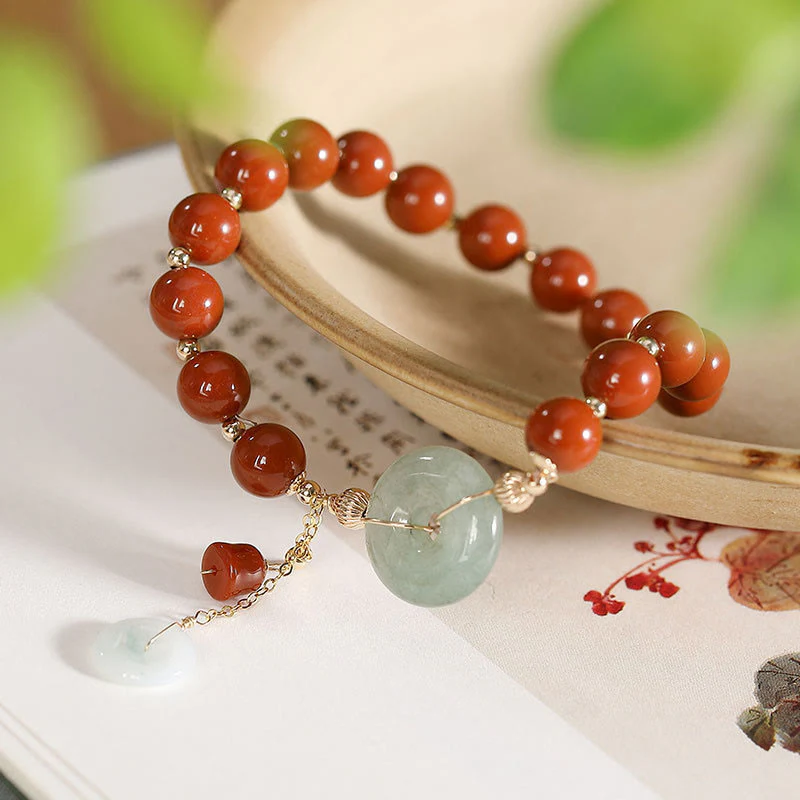 Buddha Stones 14k Gold Filled Jade Red Agate Peace Buckle Copper Coin Gourd Confidence Bracelet