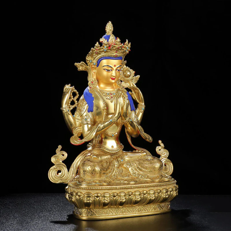 Buddha Stones Chenrezig Four-armed Avalokitesvara Protection Copper Gold Plated Statue Decoration