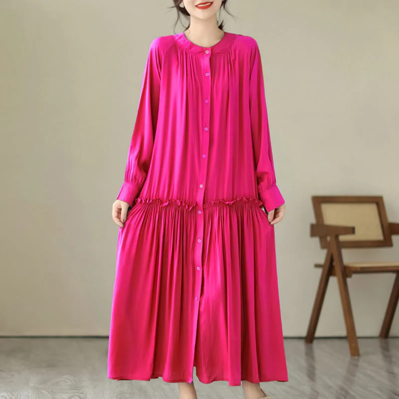 Buddha Stones Casual Plain Crew Neck Pleated Polyester Midi Dress With Pockets