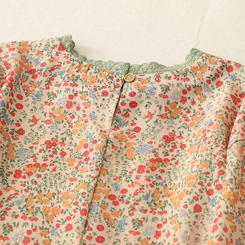 Buddha Stones Casual Floral Lace Crew Neck Balloon Long Sleeve Cotton Linen Midi Dress With Pockets