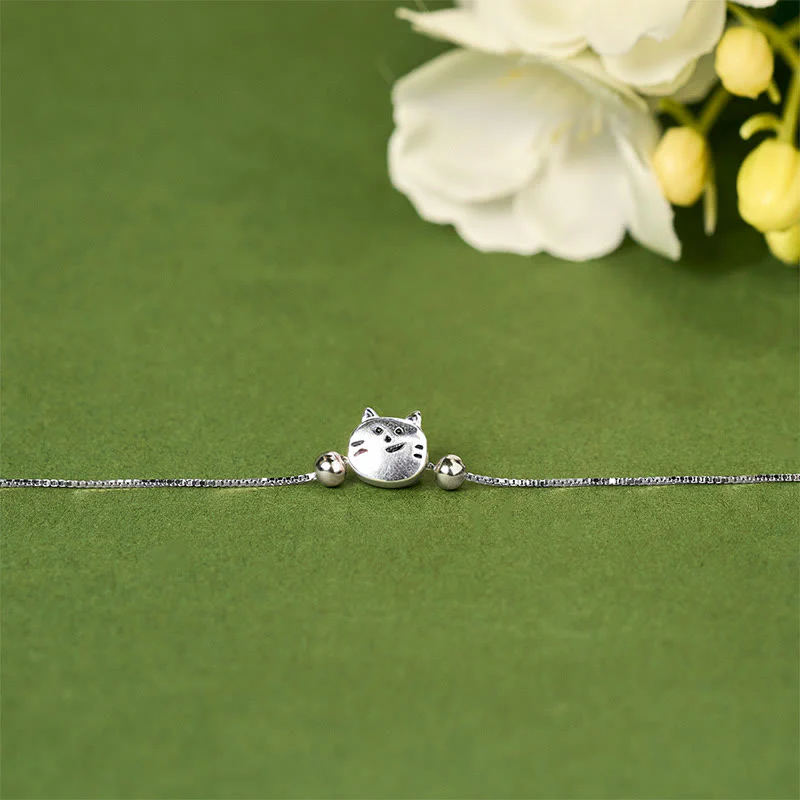 Buddha Stones 925 Sterling Silver Mini Cat Blessing Chain Bracelet