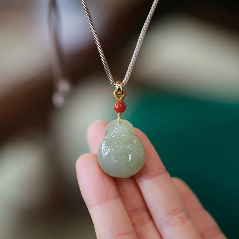 Buddha Stones Laughing Buddha Hetian Jade Wealth Prosperity String Necklace Pendant