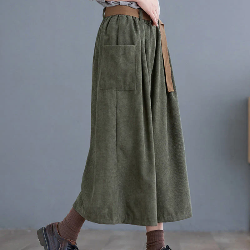 Buddha Stones Retro Women's Wide Leg 7-8 Length Corduroy Cotton Pants With Pockets Belt