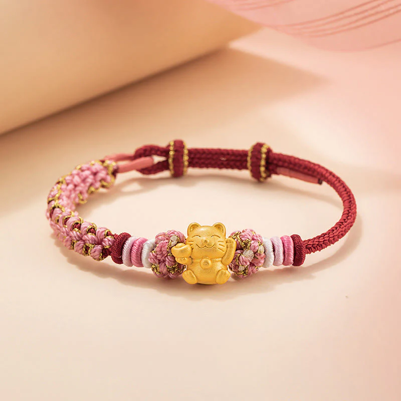 Buddha Stones Handmade 999 Sterling Silver Fortune Cat Ingot Peach Blossom Luck Red Rope Bracelet