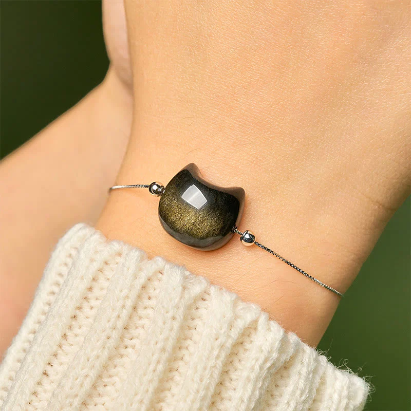 Buddha Stones 925 Sterling Silver Silver Sheen Obsidian Gold Sheen Obsidian Cat Soothing Bracelet