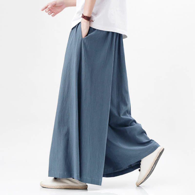 Buddha Stones Spring Casual Sports Drawstring Design Men's Cotton Linen Wide Leg Pants With Pockets