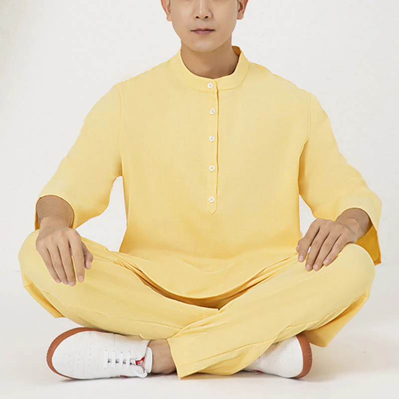 Buddha Stones 2Pcs Buttons Men's Three Quarter Sleeve Shirt Top Pants Meditation Zen Tai Chi Cotton Linen Clothing Set