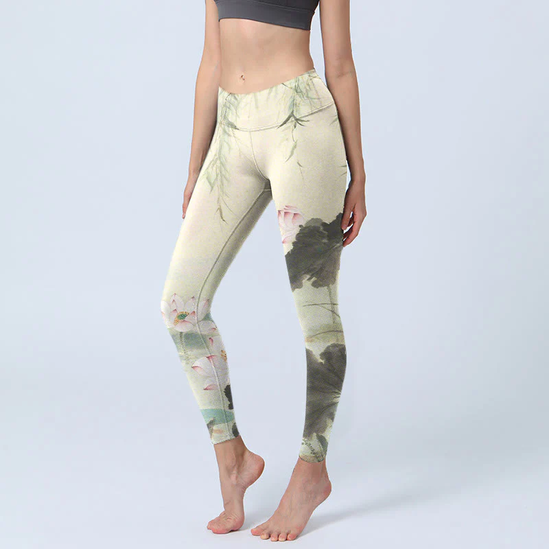 Buddha Stones Willow Leaves Lotus Pond Pattern Print Gym Leggings Women's Yoga Pants