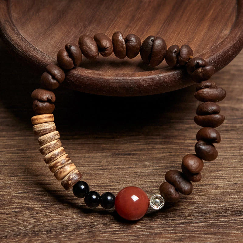 Buddha Stones Natural Coffee Beans Red Agate Coconut Shell Beads Bracelet