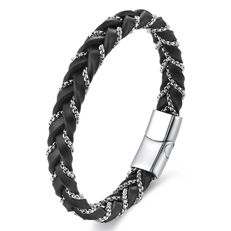 Buddha Stones Simple Design Titanium Steel Calm Braided Leather Buckle Bracelet