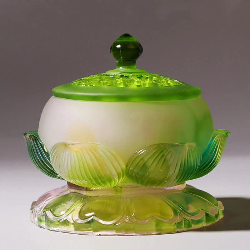 Buddha Stones Feng Shui Lotus Handmade Liuli Crystal Art Piece Home Office Offering Decoration