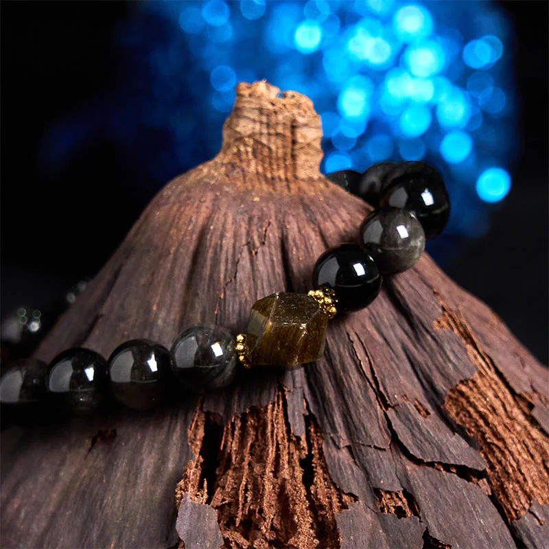 Buddha Stones Natural Silver Sheen Obsidian Beads Cute Cat Soothing Bracelet