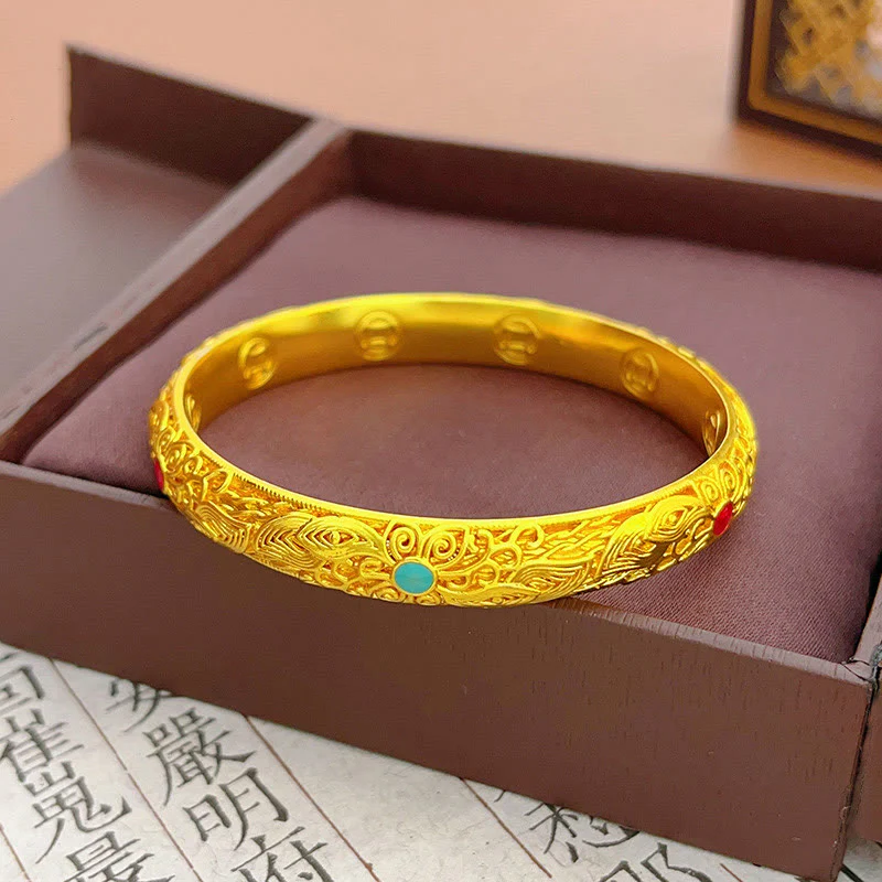 Buddha Stones Copper Plated Gold Flowers Leaves Luck Bracelet Bangle